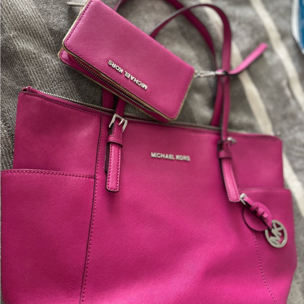 Michael Kors Hot Pink Saffiano Tote with MK Charm